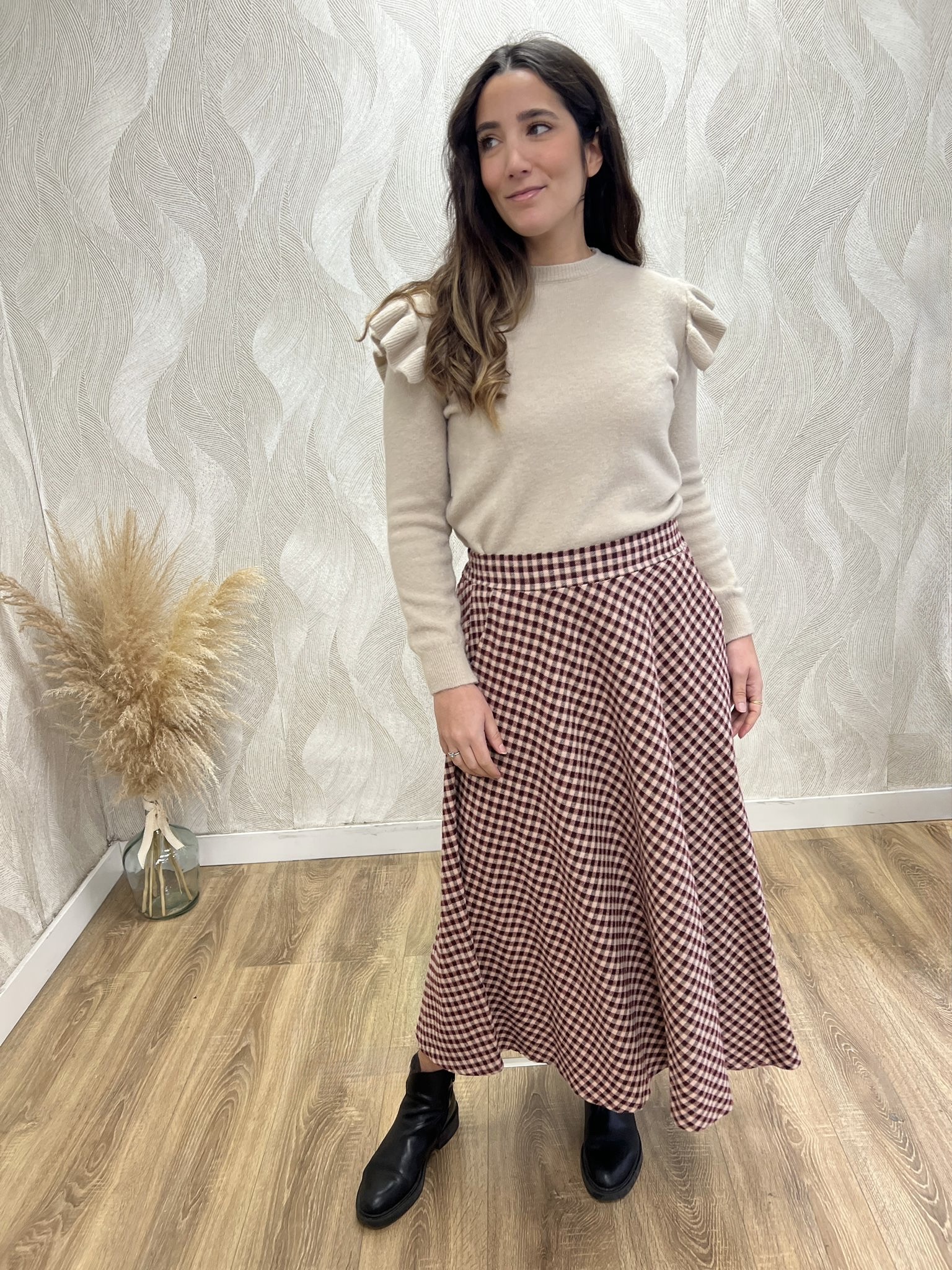 Falda midi paño vichy burdeos - Imagen 3