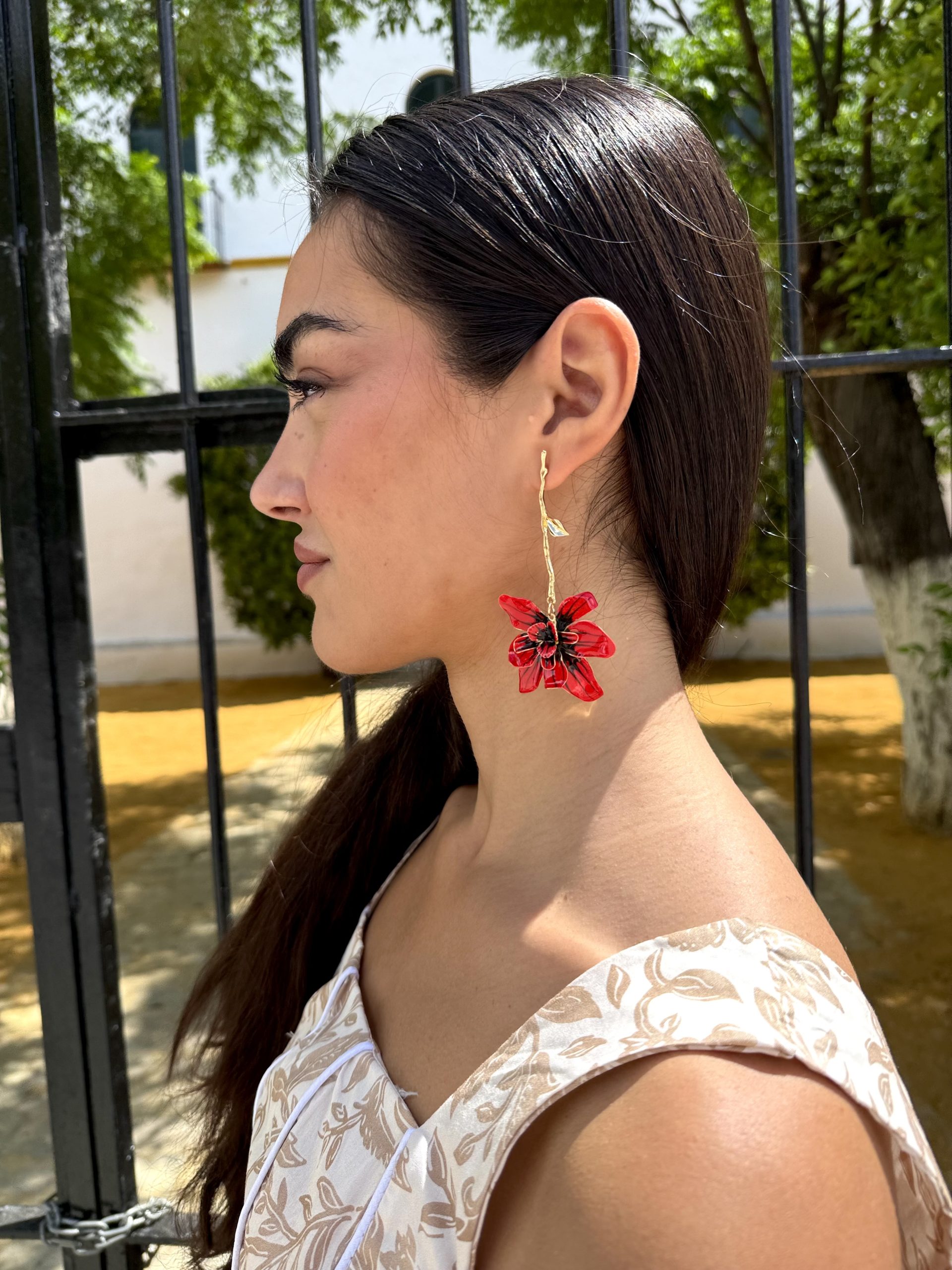 Pendientes largo flor rojo