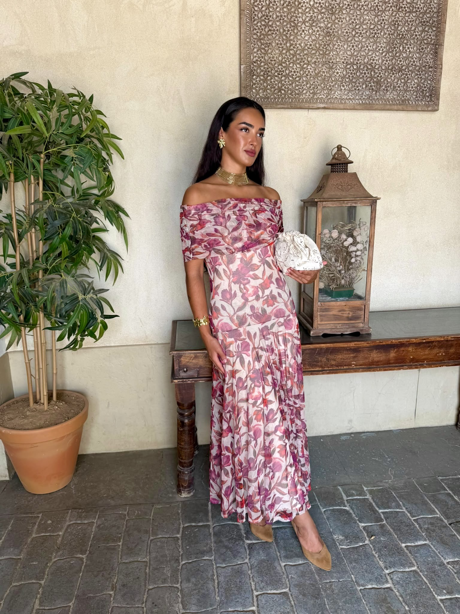 Alternative view of Vestido bardot estampado beige