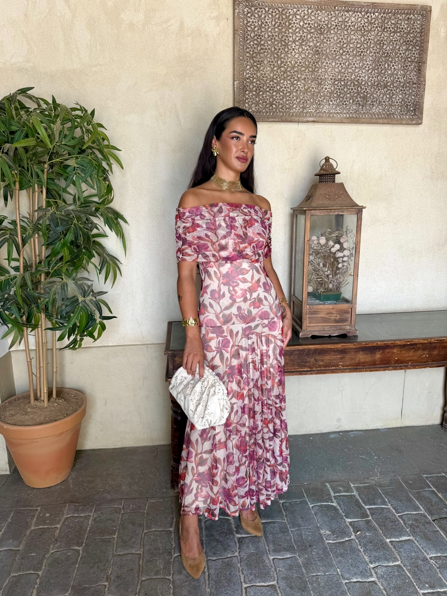 Vestido bardot estampado beige