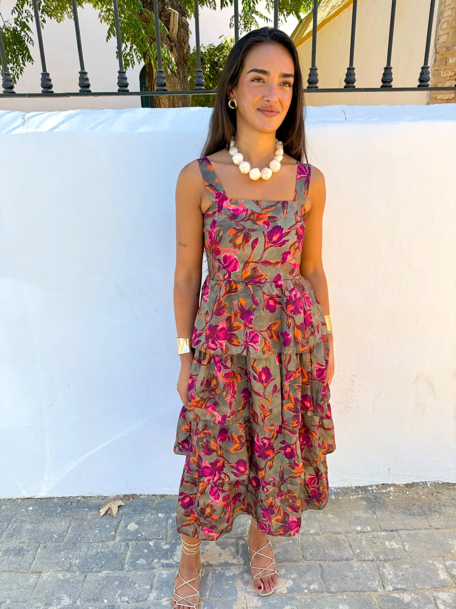 Vestido volantes estampado kaki - Imagen 4