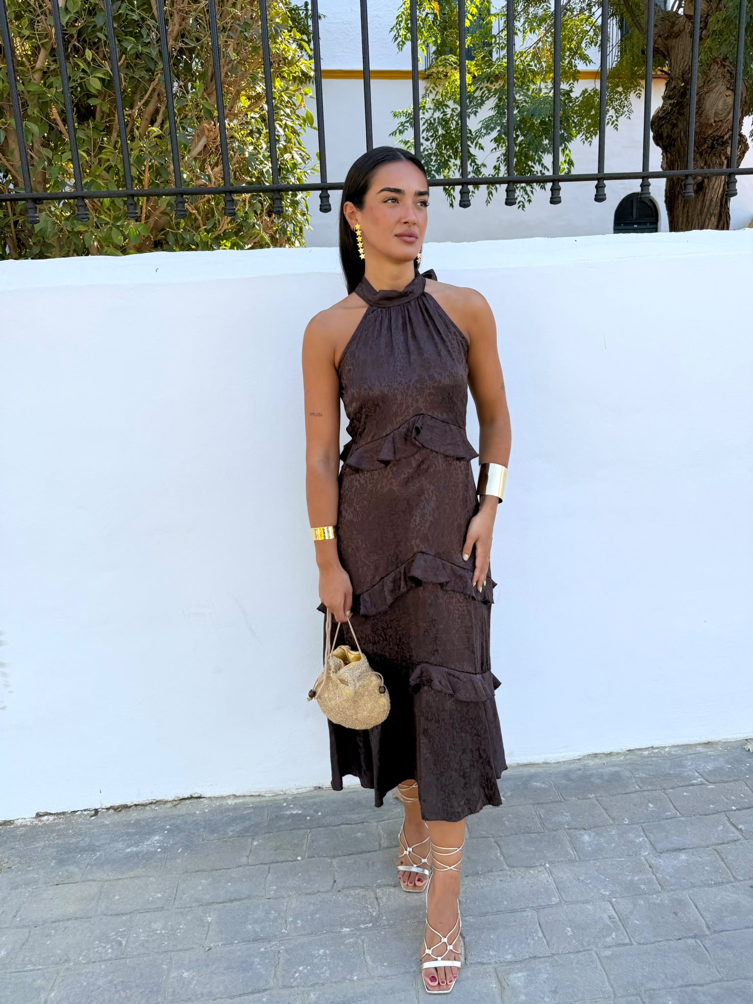 Vestido halter jacquard marrón oscuro