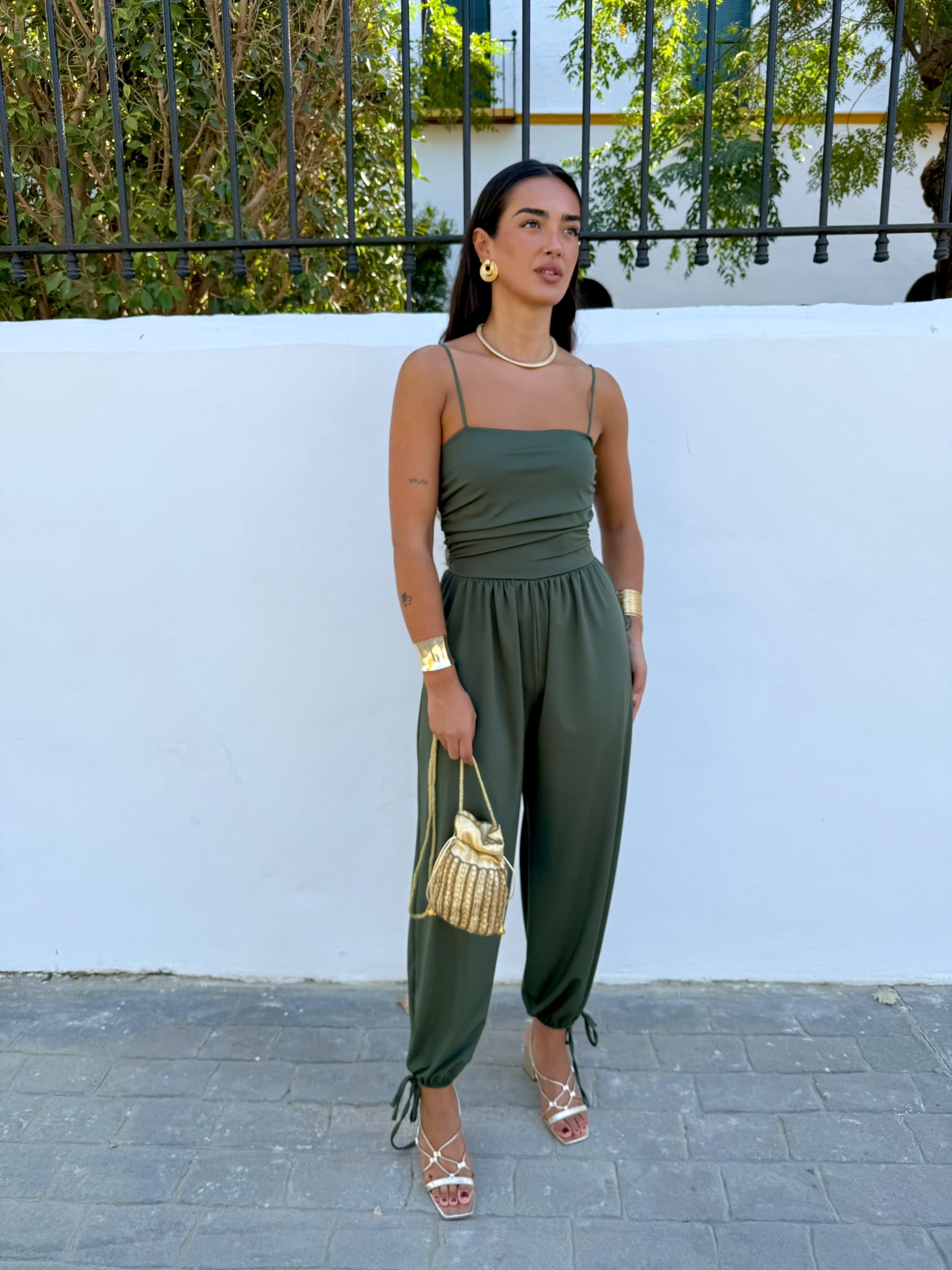 Mono pantalón bombacho lazada kaki - Imagen 3