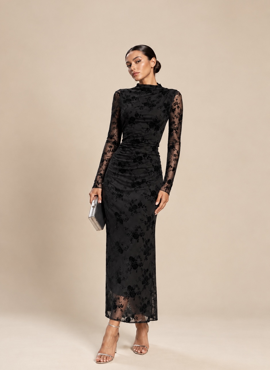 Vestido midi encaje manga larga