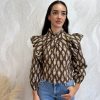 Camisa volantes estampada marrón - Imagen 2