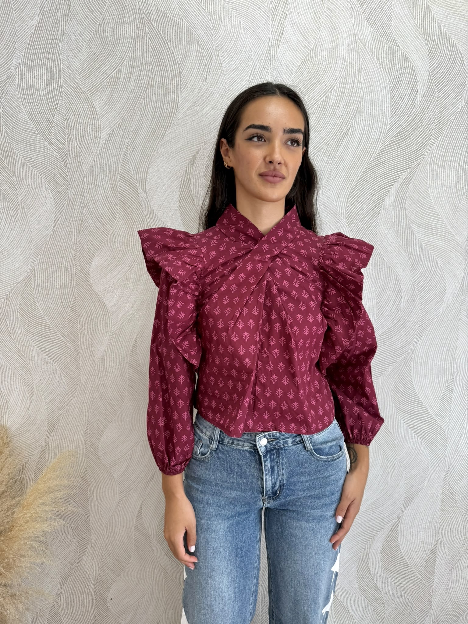 Camisa volantes estampada rosa