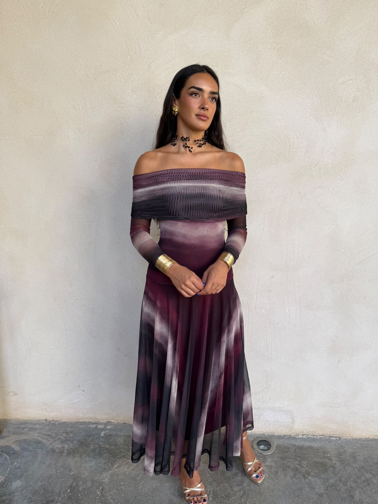 Vestido bardot tie-dye burdeos