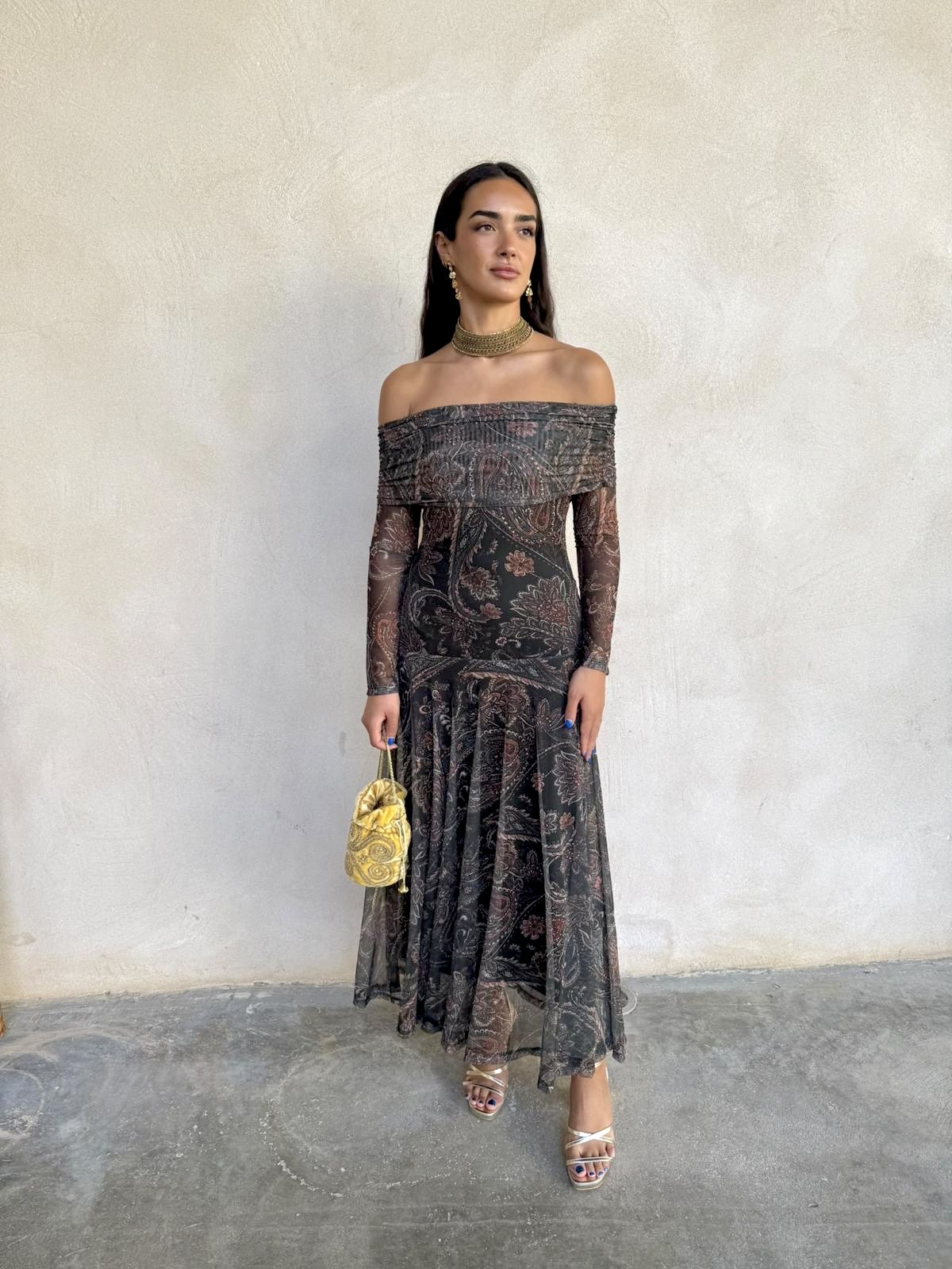 Vestido bardot gasa estampado - Imagen 4