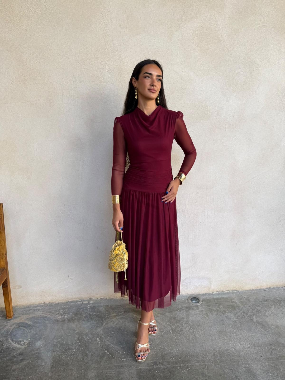 Alternative view of Vestido midi gasa drapeado burdeos