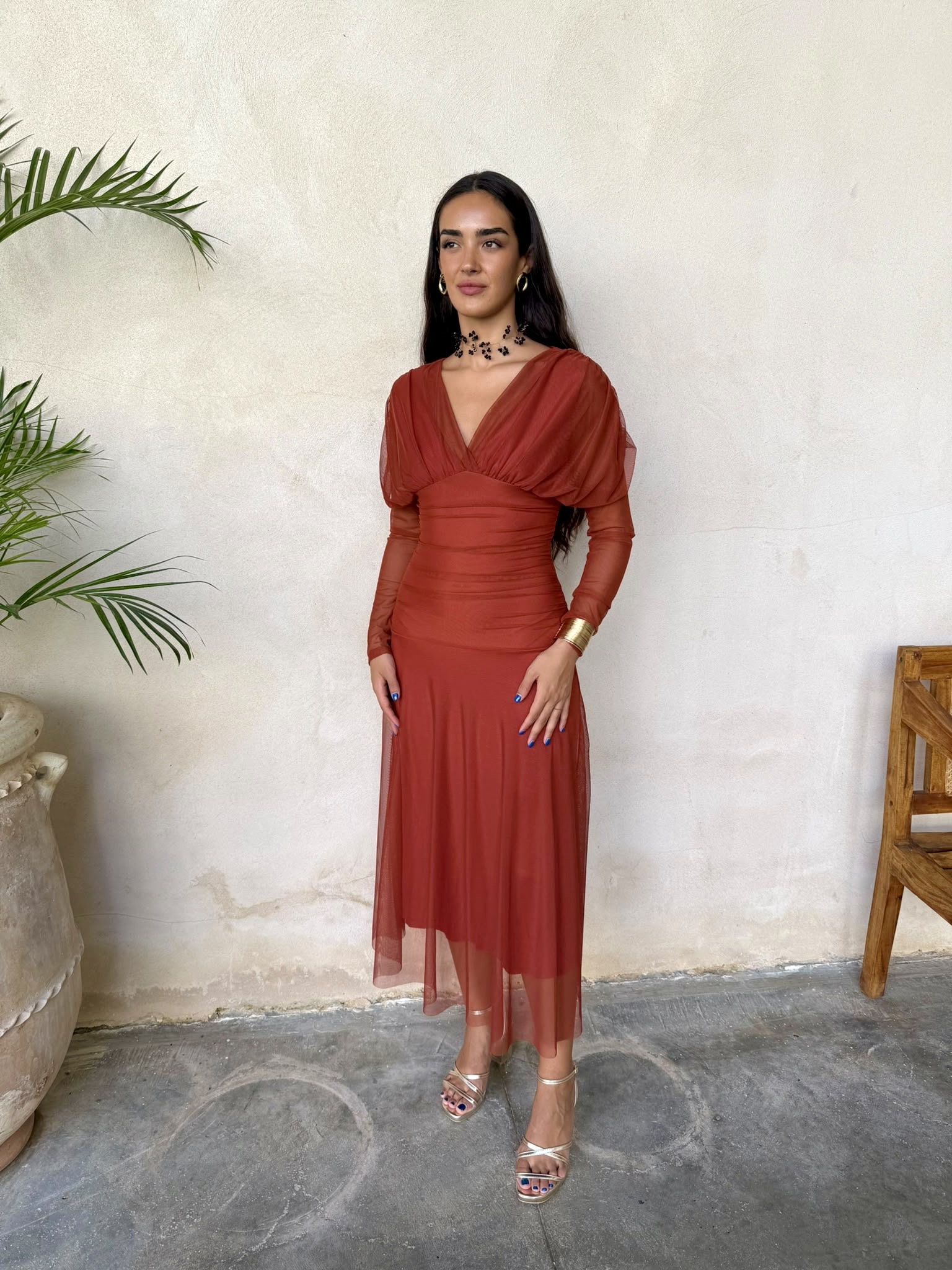 Vestido midi tul teja