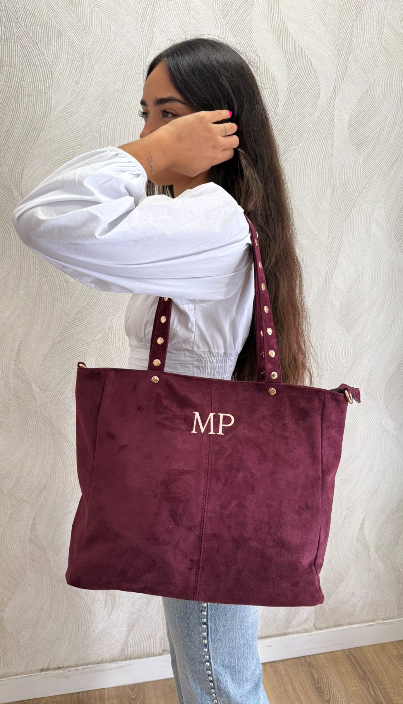 Bolso ante asa tachuelas personalizable burdeos
