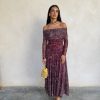 Vestido bardot gasa estampado burdeos - Imagen 3