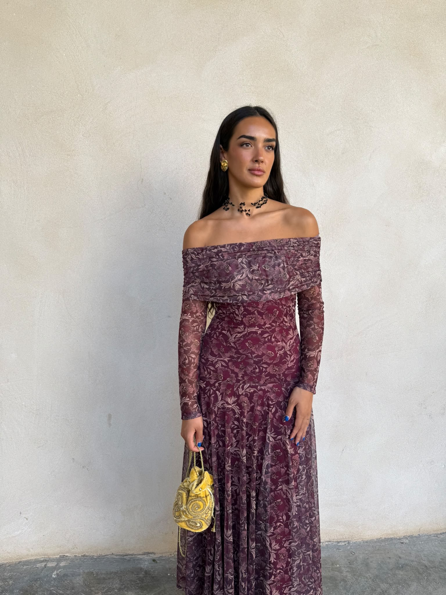 Vestido bardot gasa estampado burdeos