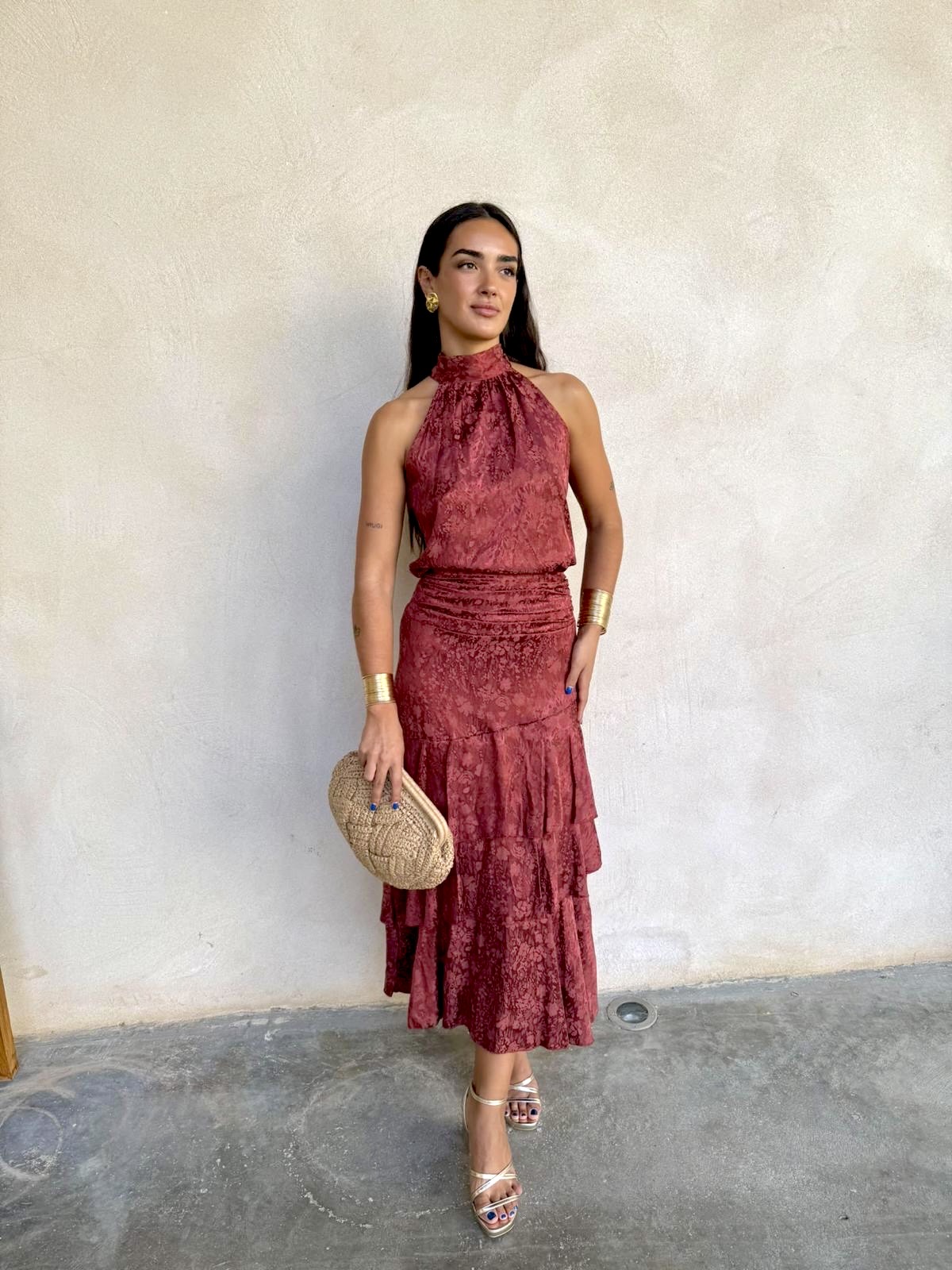 Conjunto halter jacquard satén