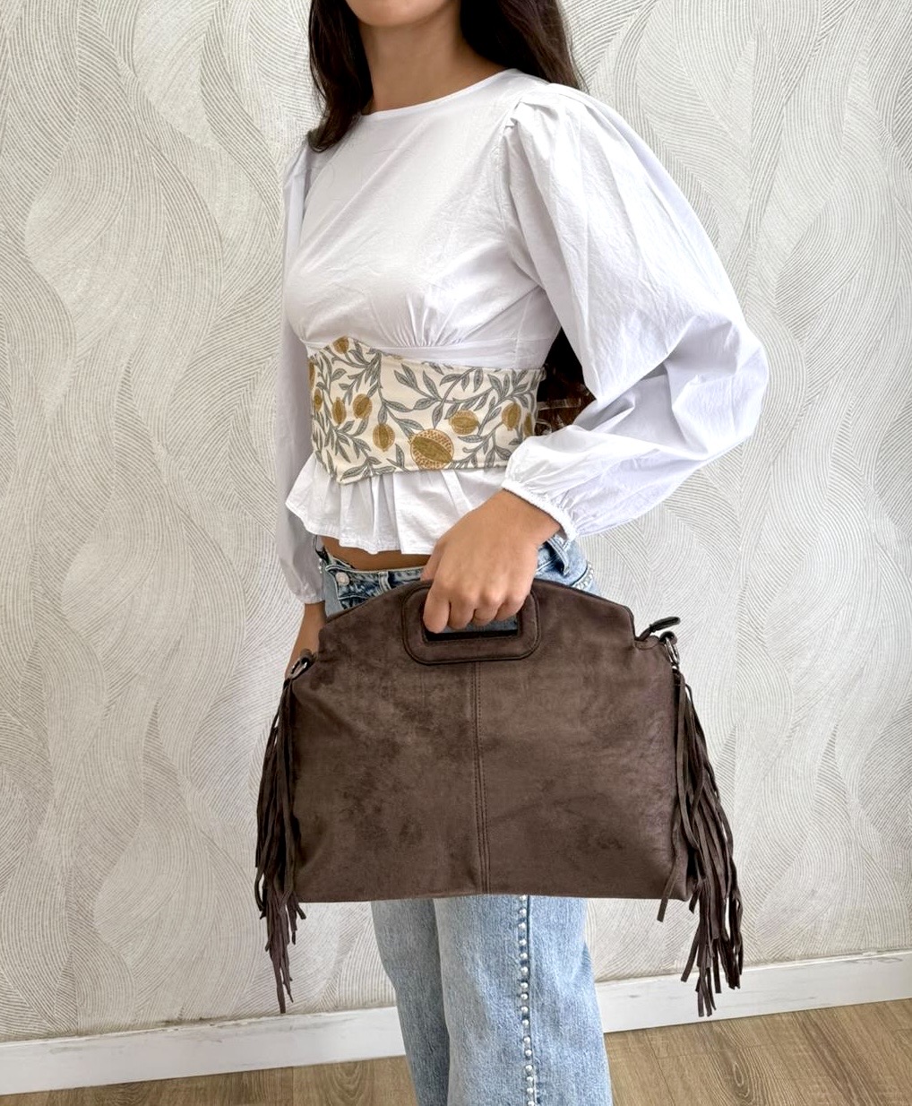 Bolso ante flecos grande marrón