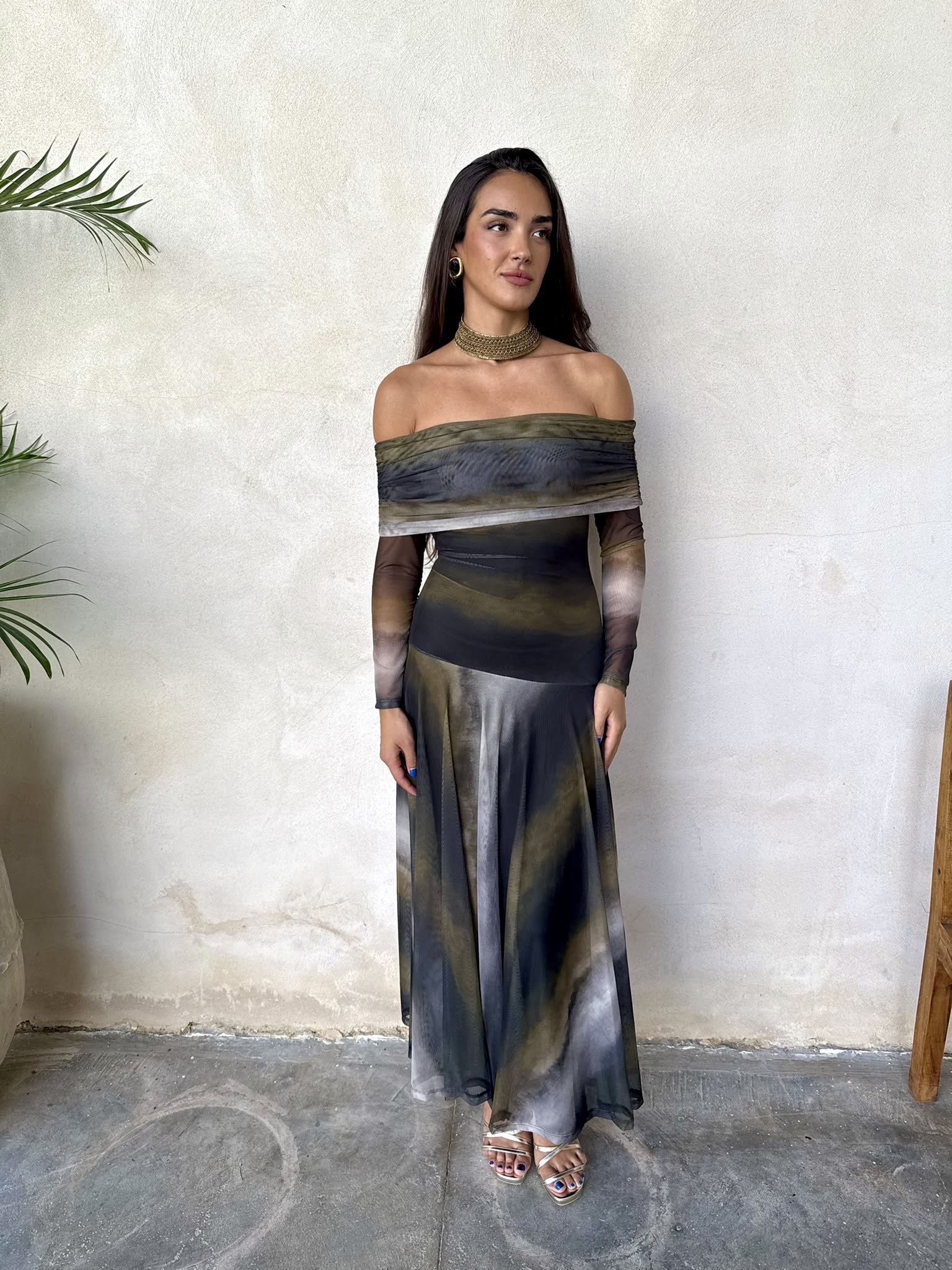 Vestido bardot tie-dye gasa