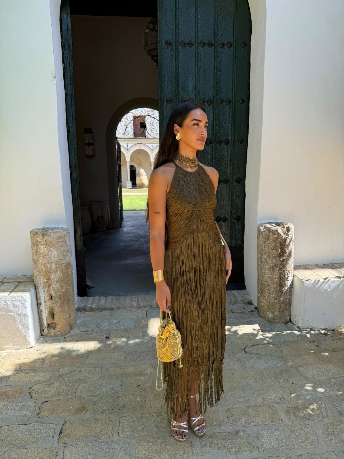 Vestido bandage flecos kaki - Imagen 3