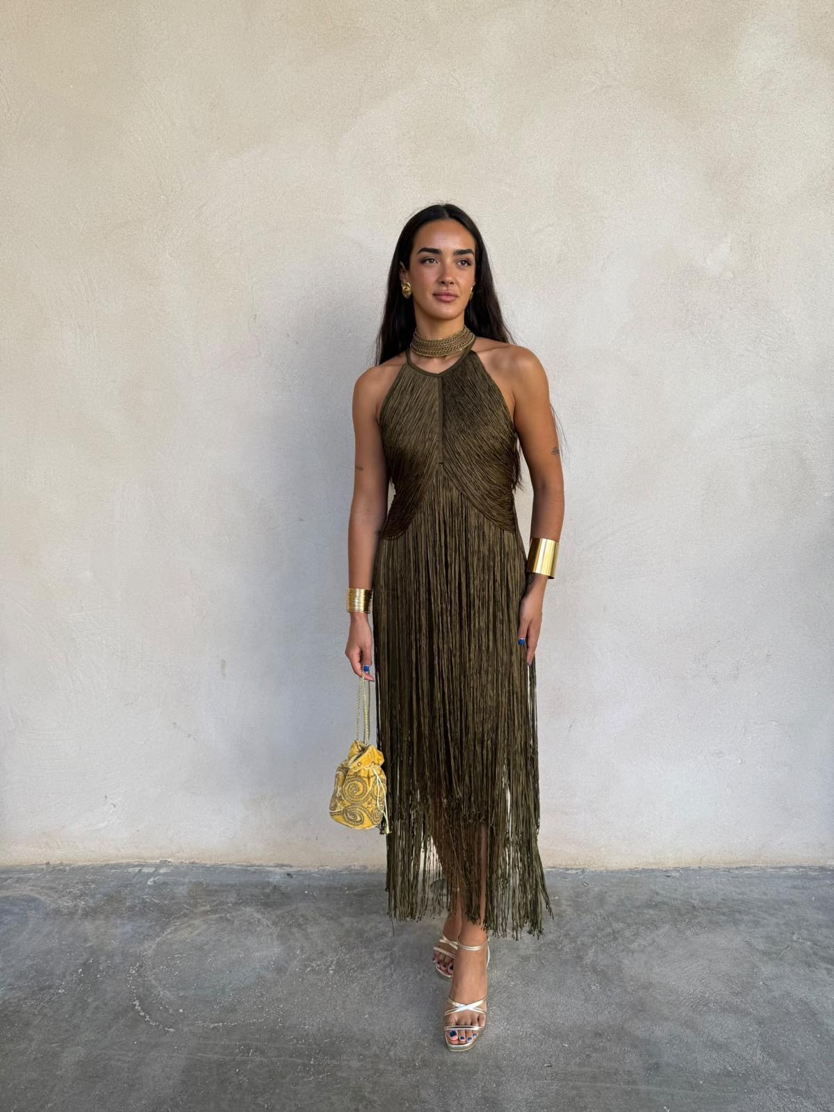 Vestido bandage flecos kaki