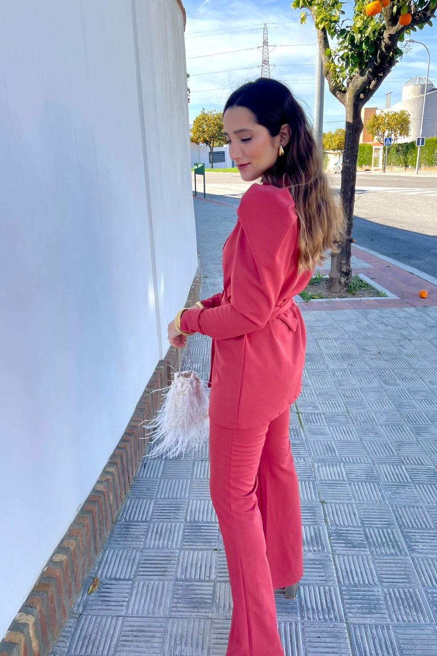 Conjunto traje cinturón liso teja