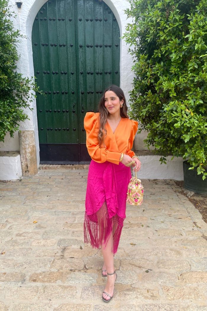 Falda midi flecos plumeti rosa